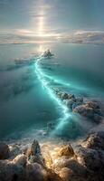 large body of water sitting on top of a sandy beach. . photo