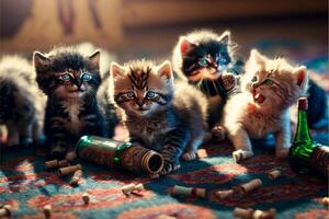 group of kittens playing with a spool of thread. . photo