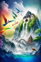 painting of birds flying over a waterfall. . photo