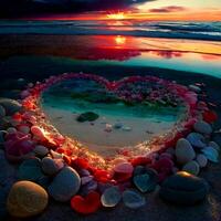 heart shaped cake sitting on top of a sandy beach. . photo