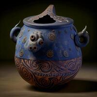 blue and brown vase sitting on top of a table. . photo