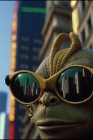 close up of a statue of a frog wearing sunglasses. . photo