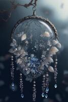 blue and white dream catcher hanging from a tree branch. generative ai. photo