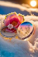 two wedding rings sitting in the snow next to a flower. . photo