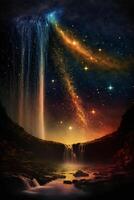 painting of a waterfall and stars in the sky. . photo