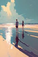 painting of two people walking on a beach. . photo