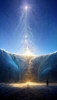 man standing on top of a snow covered mountain. . photo