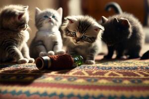 group of kittens playing with a spool of thread. . photo