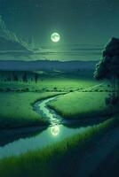 river running through a lush green field under a full moon. generative ai. photo