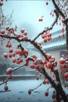 tree covered in snow next to a building. . photo