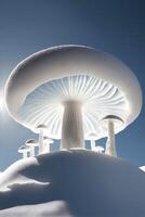 group of mushrooms sitting on top of a snow covered hill. . photo