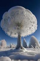 snow covered tree in the middle of a field. . photo