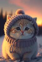 cat wearing a hat and scarf in the snow. . photo