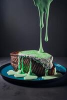 pedazo de pastel es siendo rociado con verde Formación de hielo. generativo ai. foto