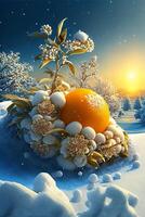 an orange sitting on top of a pile of snow. . photo