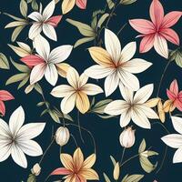 pattern of orange and white flowers on a black background. . photo