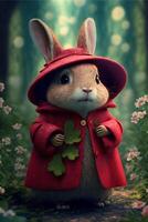 rabbit dressed in a red coat and hat. . photo