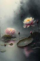 painting of two lotus flowers in a pond. . photo