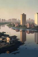 large body of water surrounded by tall buildings. . photo