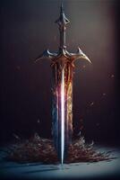 close up of a sword with flames in the background. . photo