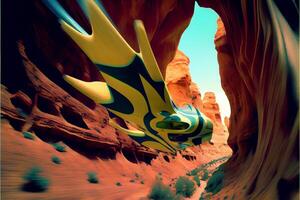 close up of a person riding a skateboard in a canyon. . photo