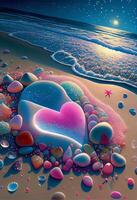 painting of a heart on a beach next to the ocean. . photo