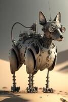 metal sculpture of a cat in the desert. . photo