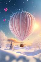 hot air balloon flying over a snow covered field. . photo