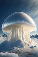 large mushroom sitting on top of a snow covered hill. . photo