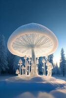 group of mushrooms sitting on top of a snow covered ground. . photo