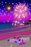 picture of a beach with fireworks in the sky. . photo