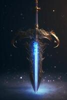 close up of a sword with a glowing blade. . photo