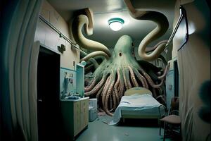 hospital room with a giant octopus on the wall. . photo