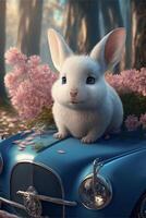 white rabbit sitting on top of a blue car. . photo