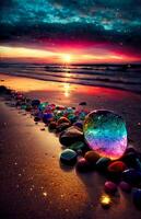 glass ball sitting on top of a sandy beach. . photo