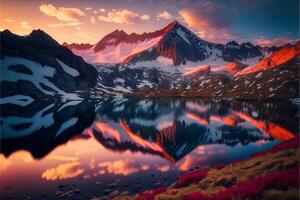 mountain range with a lake in the foreground. . photo