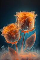 close up of two orange roses on a blue background. . photo