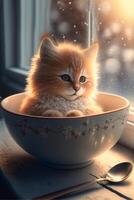 kitten sitting in a bowl on a window sill. . photo