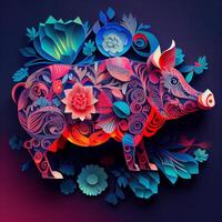 paper cut pig surrounded by flowers and leaves. . photo