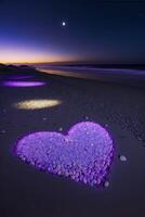 couple of purple hearts sitting on top of a sandy beach. . photo