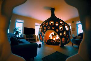 living room filled with furniture and a fire pit. . photo