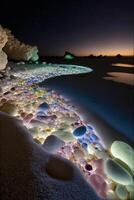 grupo de rocas sentado en parte superior de un arenoso playa. generativo ai. foto