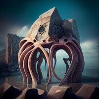 an octopus house in the middle of a body of water. . photo