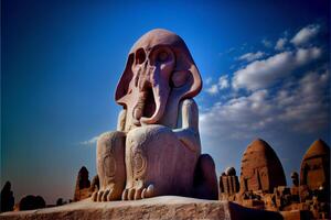 statue of an elephant sitting on top of a rock. . photo