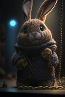 close up of a stuffed rabbit wearing a scarf. . photo