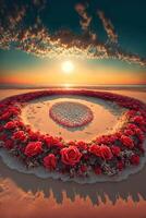 heart made out of red roses on a beach. . photo