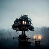 tree house sitting in the middle of a lake. generative ai. photo
