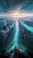 large body of water surrounded by ice. . photo