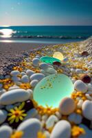 manojo de rocas sentado en parte superior de un playa. generativo ai. foto