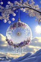 christmas ornament hanging from a tree in the snow. . photo